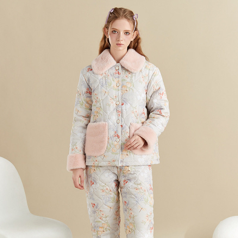 冬季女士夹棉睡衣韩系温柔碎花款粉色毛绒领减龄复古加厚家居服女,女士内衣/男士内衣/家居服,睡衣/家居服套装,淘宝优惠券,粉丝福利购,淘宝优惠卷