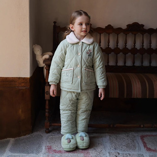 2024冬新品女童三层加厚夹棉睡衣童数码印花绗棉家居服可外穿套装