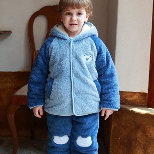 鱼飞云游冬季加厚家居服男女童保暖珊瑚绒双层睡衣加绒可外穿套装