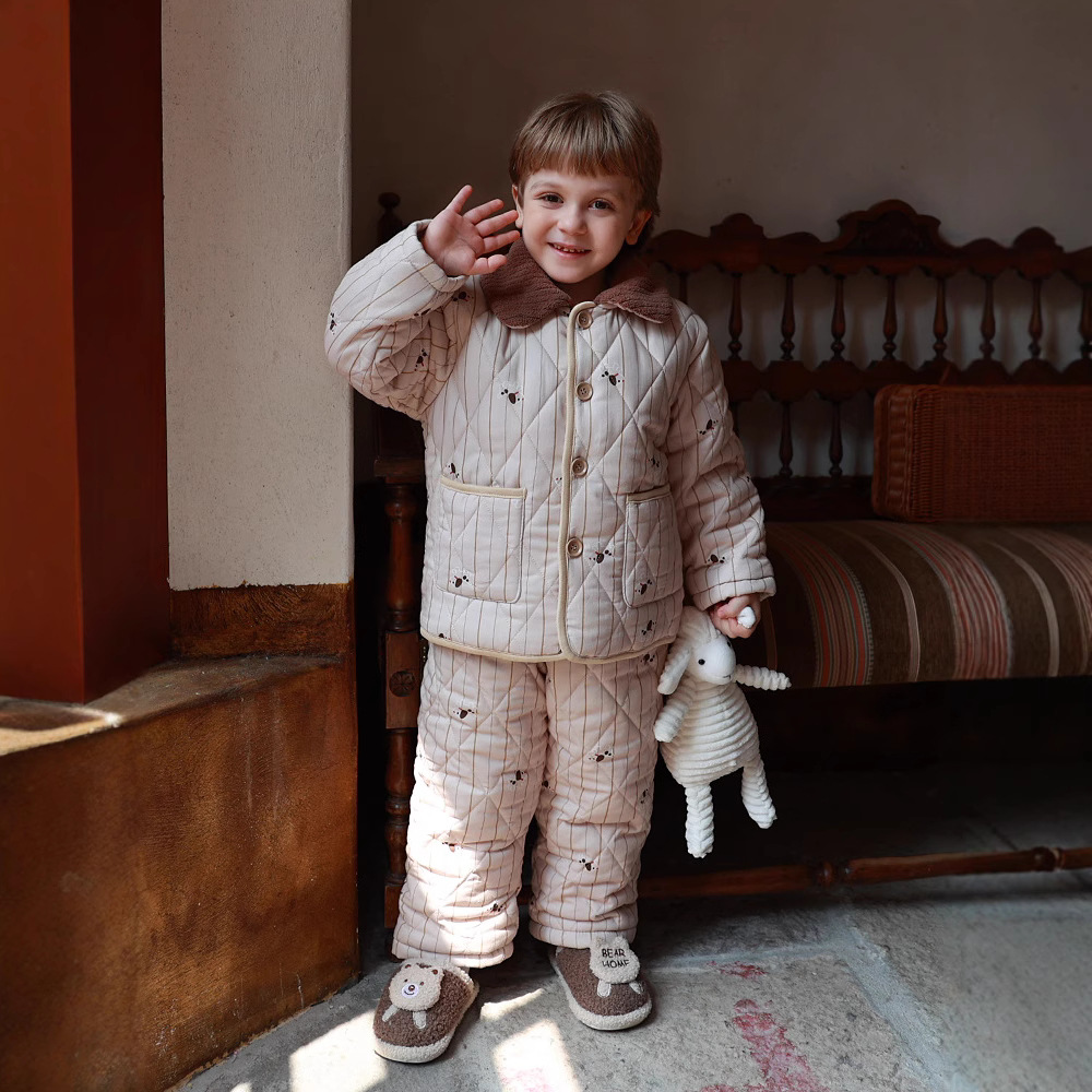 儿童新品三层加厚夹棉睡衣童数码印花绗棉保暖套装家居服可外穿