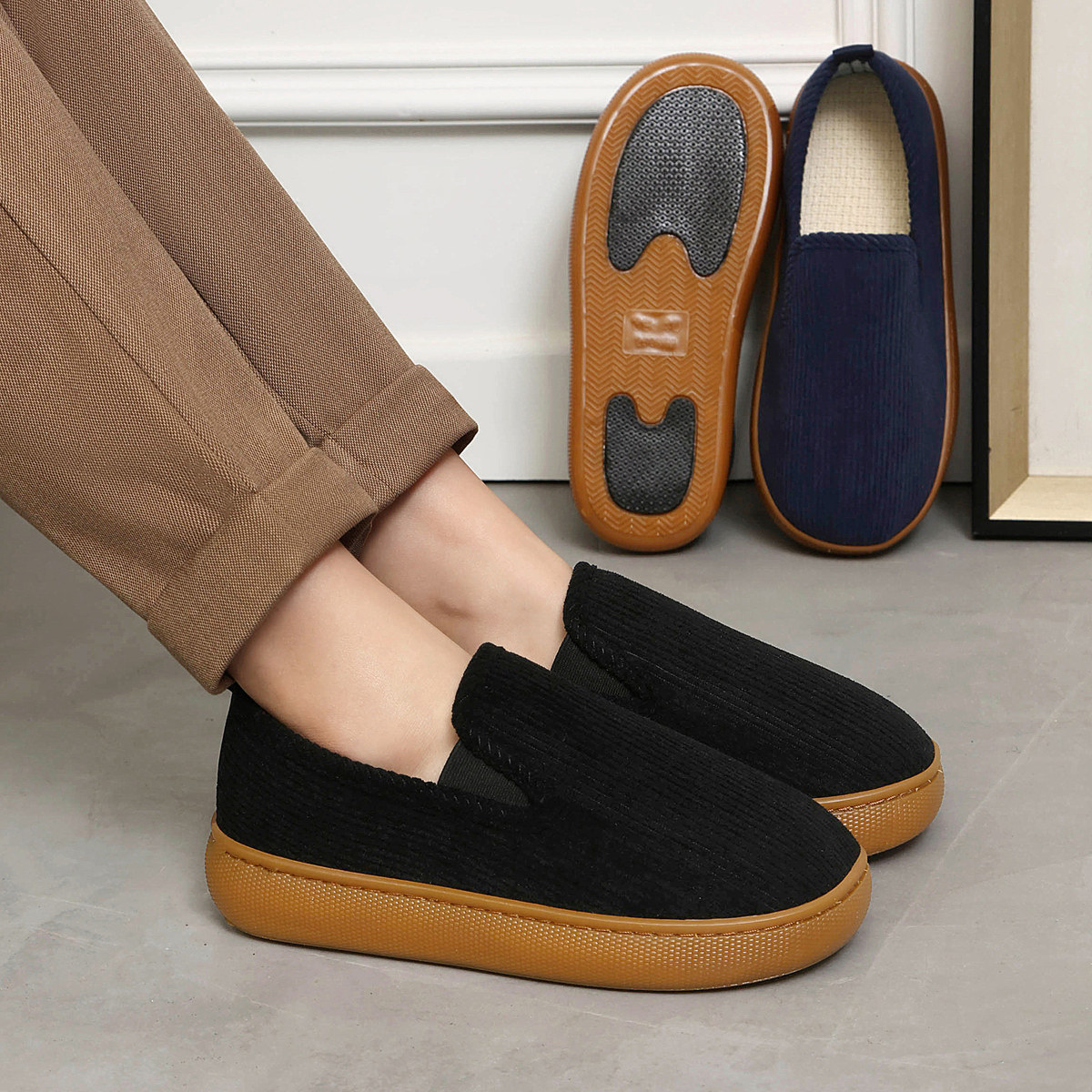 中老年人亚麻底吸汗透气布鞋男女同款牛筋底一脚蹬软底防滑平底鞋