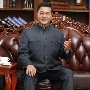 男加絨加厚中式 中山裝 男套裝 中老年唐裝 禮服男秋冬爺爺外套中山服