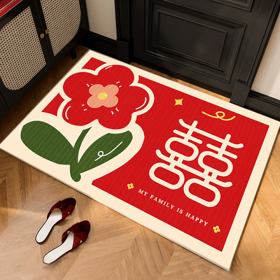 新款喜庆红色门垫婚房装饰入户地垫家用易打理玄关喜字脚垫鞋柜垫