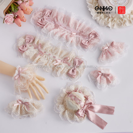 手作花屿蝶lolita杏色小物颈链洛丽塔生成粉色手袖花嫁芭蕾风发带