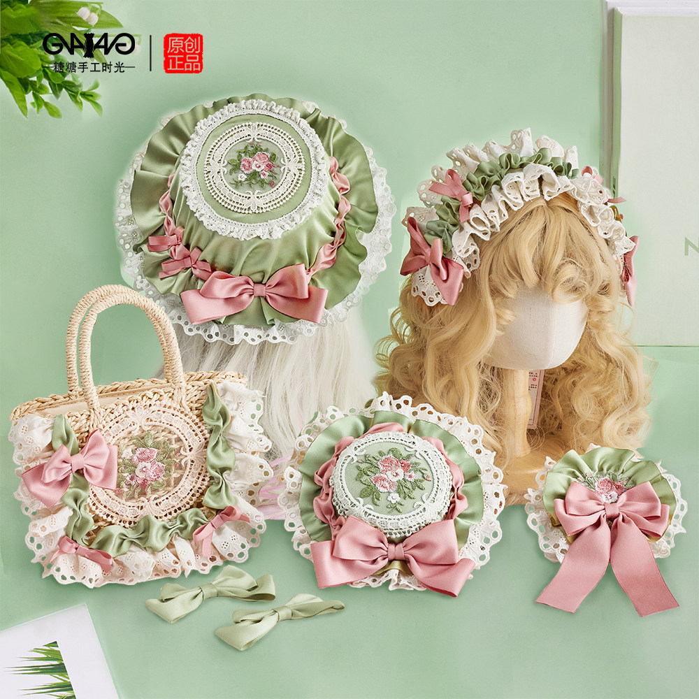 原创四时花小物手作Lolita粉绿头饰蝴蝶结优雅礼帽发夹洛丽塔配饰
