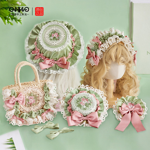 原创四时花小物手作Lolita粉绿头饰蝴蝶结优雅礼帽发夹洛丽塔配饰