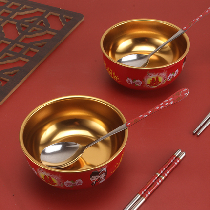 不锈钢结婚碗筷套装礼婚庆喜碗喜筷陪嫁用品红碗对碗2人陶瓷餐具