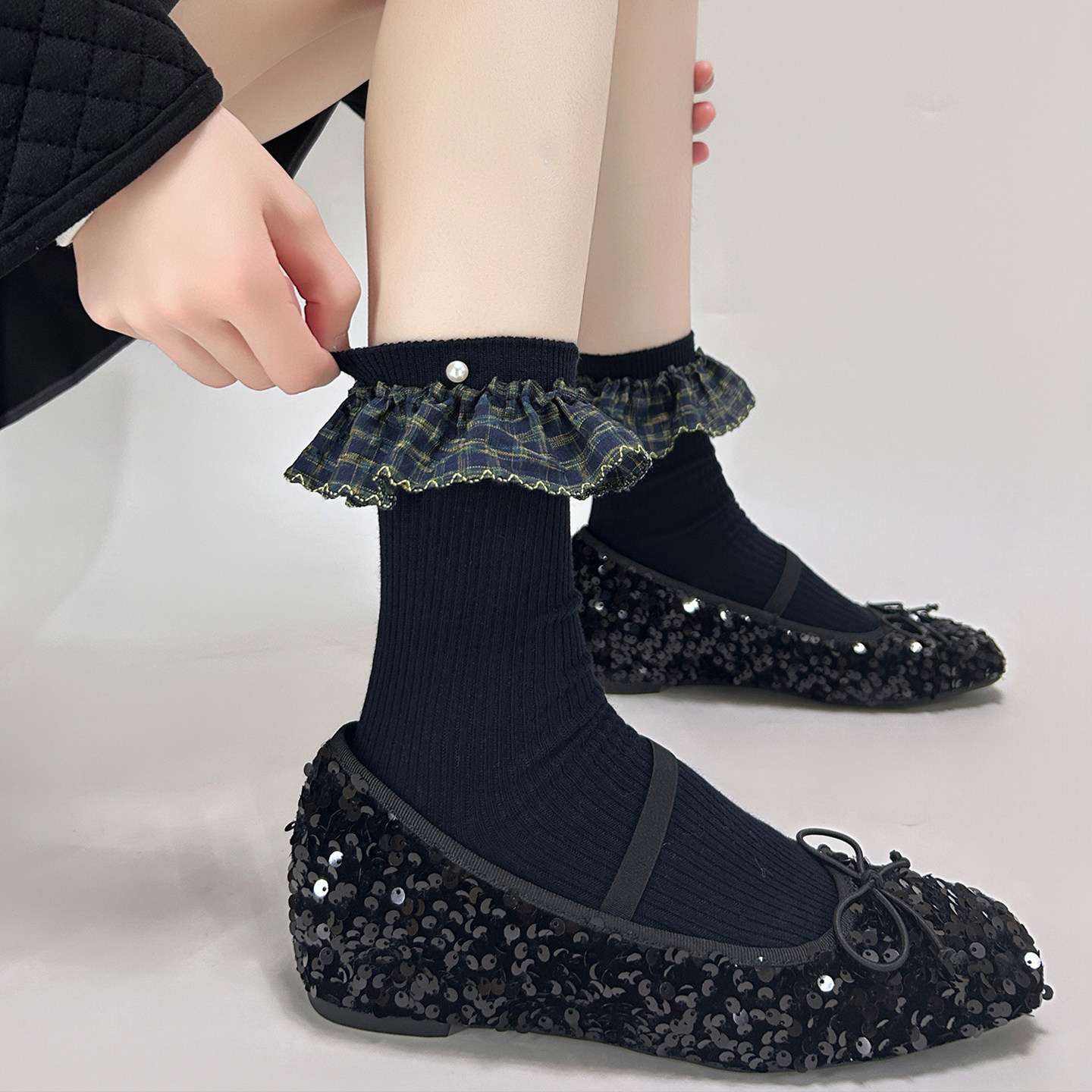 太韩拉！小花纽扣+泡泡花边~藏青巨显白~无骨袜子女秋冬堆堆袜~