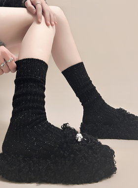 冬天黑色是真的好显瘦慵懒感十足纯色点子纱少女羊毛中筒袜堆堆袜