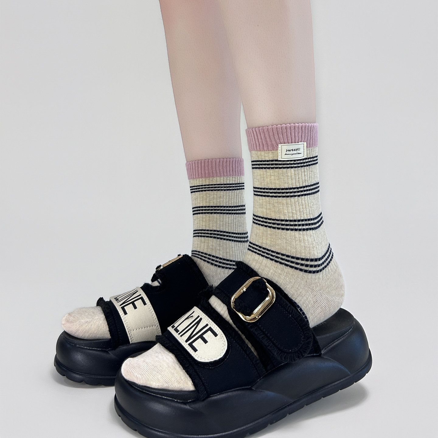 粉色系袜子女款秋冬新品条纹中筒miu风多巴胺冬季袜子春秋女袜子