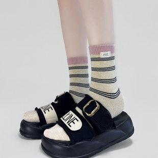 袜子春秋女袜子 条纹中筒miu风多巴胺冬季 粉色系袜子女款 秋冬新品