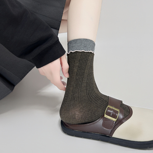 韩系芭蕾风木耳边撞色春秋无骨纯色秋冬百搭中筒袜子女堆堆袜