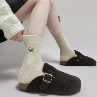 冬季 羊毛纯色少女中筒堆堆袜 保暖加绒卡通小狗刺绣长袜加厚秋冬季