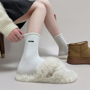冬季 学院风中筒袜显瘦少女卡通袜小熊刺绣加绒保暖小腿堆堆雪地袜