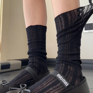 袜子女韩版 Like 薄款 黑色系蕾丝袜夏季 花边袜镂空小腿堆堆袜 Sock