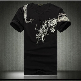 痞子男士夏季个性过肩龙图案刺青印花短袖T恤 中国风霸气半截袖潮
