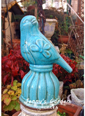 美式乡村风格立柱蓝鸟摆件 陶质上釉摆件 桌面装饰 外贸样品