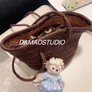 Damaostudio23春夏z家同款真牛皮度假草编工艺单肩编织包沙滩包