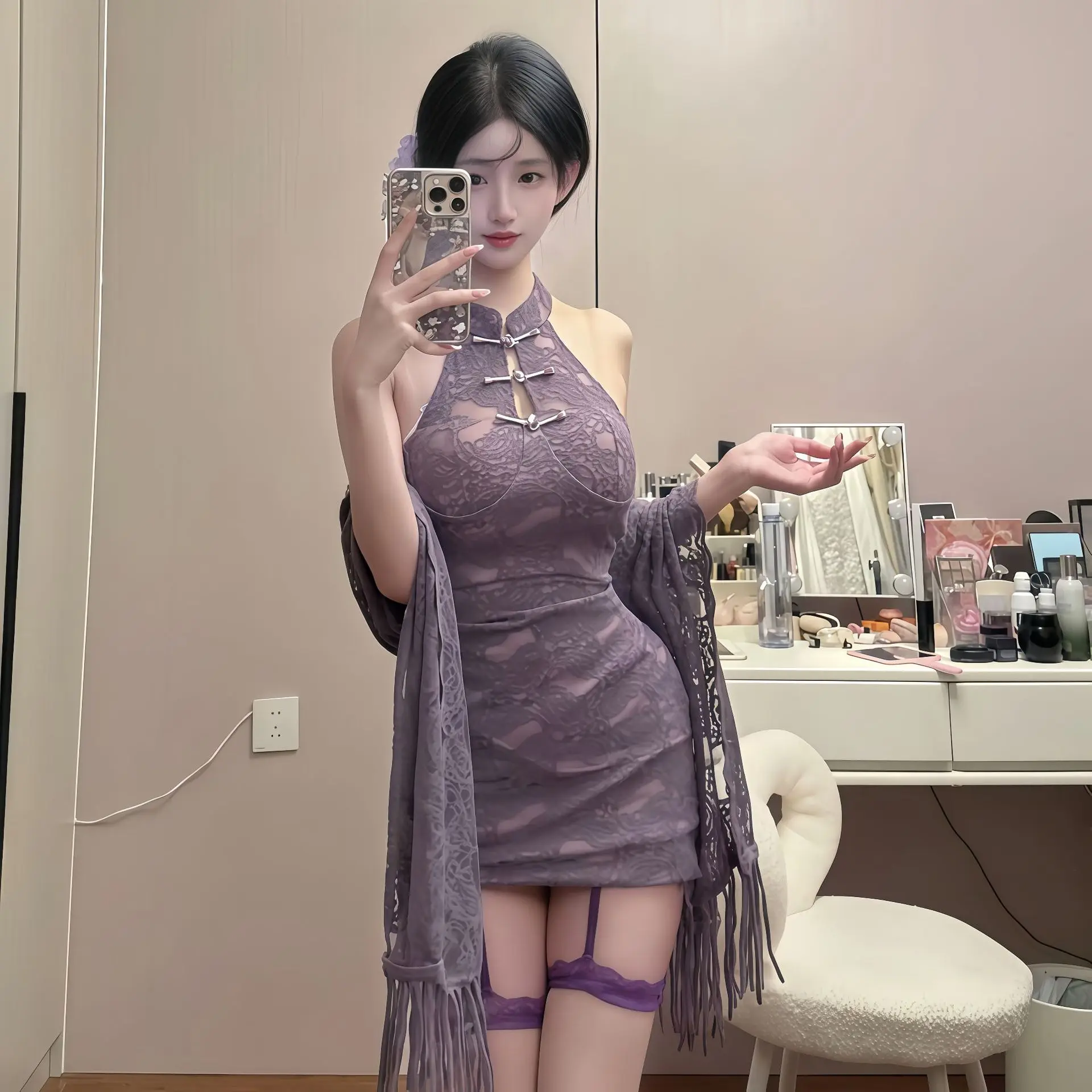 新中式网红挂脖镂空露肩性感蕾丝连衣裙女秋冬新款修身显瘦包臀裙
