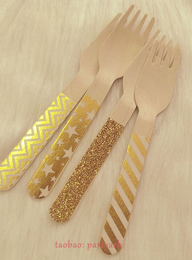 一次性烫金木质刀叉勺金色波浪纹主题派对装扮布置wooden cutlery