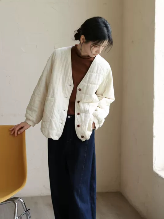 原创小众V领压格子棉衣2025冬季高品质设计感棉麻夹棉休闲棉服女