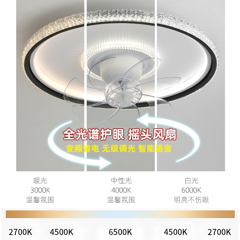 风扇灯水晶360度摇头吸顶吊扇灯卧室餐厅客厅电扇现代简约智能灯