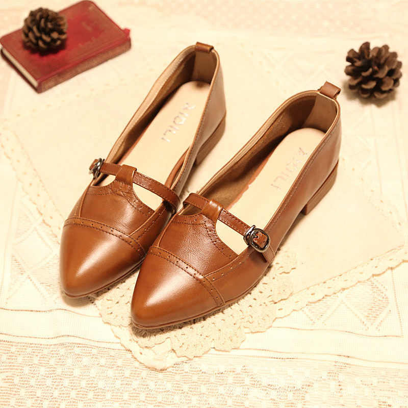 秋季新款英伦复古丁字鞋真皮平底百搭舒适森女系小皮鞋浅口女单鞋