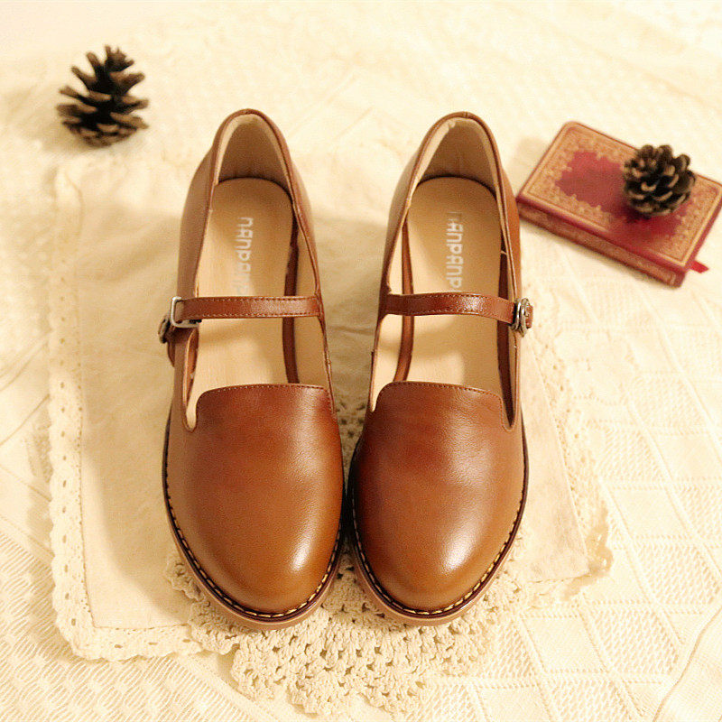 洋娃娃款日系学院风玛丽珍鞋中跟圆头真皮女鞋一字带粗跟软底单鞋