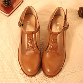 2017秋季 女单鞋 日系森女系真皮圆头复古小皮鞋 中跟粗跟搭扣丁字鞋