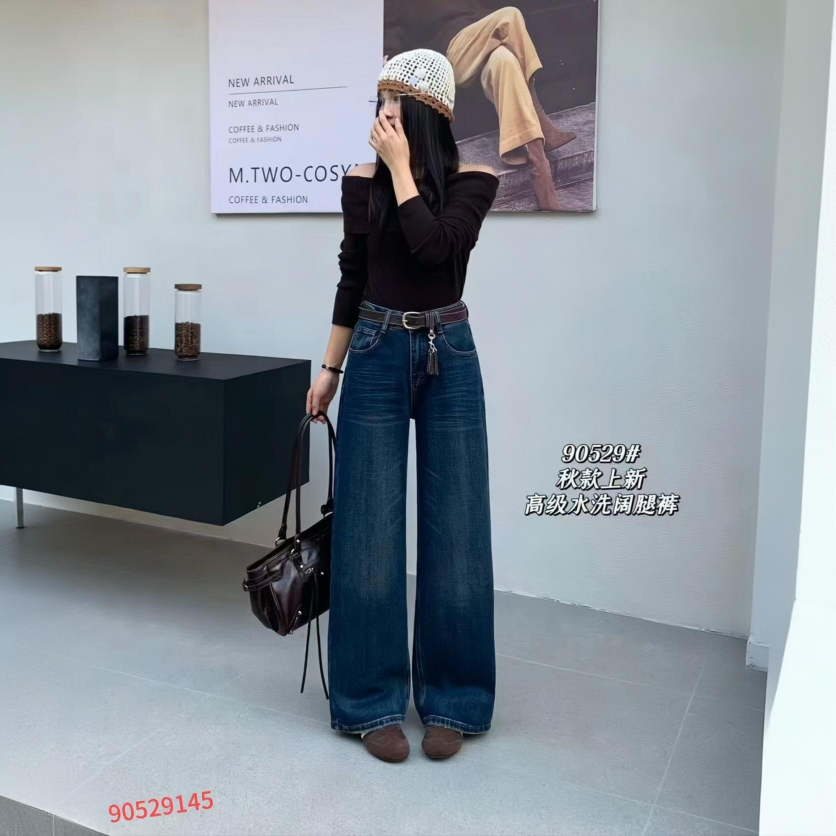 90529新款弹力阔腿裤女牛仔裤2026高腰显瘦阔腿裤休闲裤直筒裤