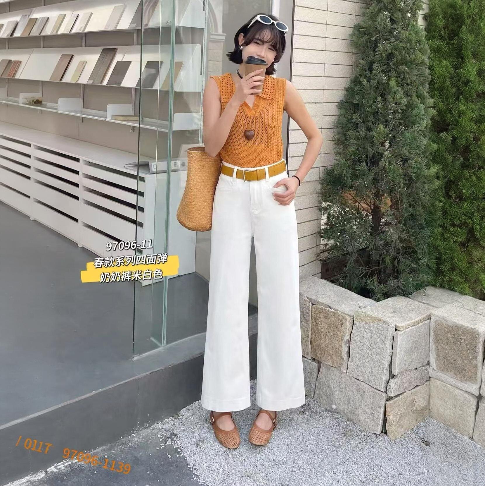 97096-11白色阔腿牛仔裤女2026新款春秋高腰宽松垂感窄版直筒裤