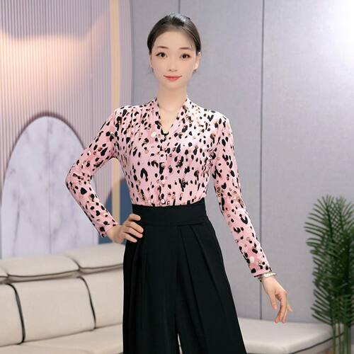 豹纹V领钉扣摩登舞上衣女长袖