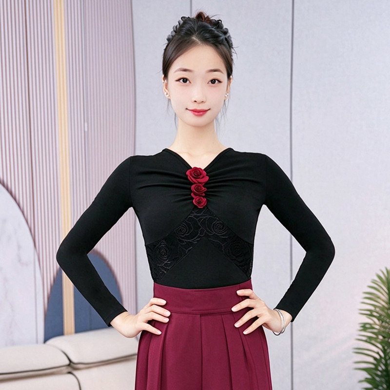 绚悦新款V领长袖拉丁舞舞衣女修身立体花朵时尚摩登舞表演练功服