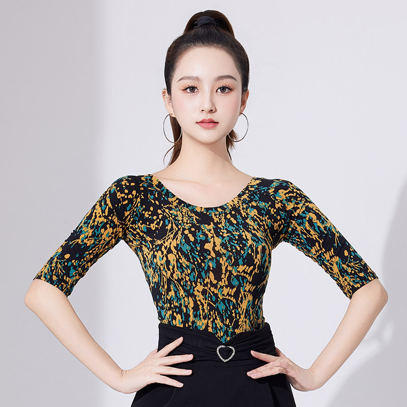 舞蹈练功服上衣女形体修身跳舞服装短袖现代拉丁舞训练套衣服印花