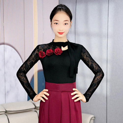 法式玫瑰蕾丝长袖舞蹈练功服