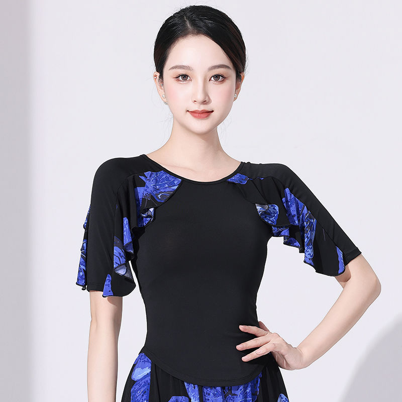 拉丁舞上衣荷叶边高级摩登舞服装新款交谊舞衣时尚国标舞蹈练功服