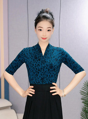 绚悦新款拉丁舞成人修身中袖交际舞练功服时尚豹纹优雅国标舞蹈服