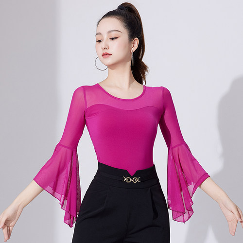 拉丁舞上衣女新款摩登舞交际舞华尔兹国标舞荷叶中袖衣练功服