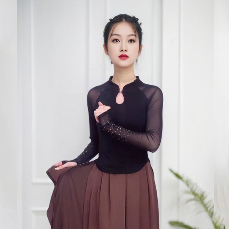 拉丁舞上衣新款女成人国标古典舞舞蹈服装练功练习上装摩登舞带钻
