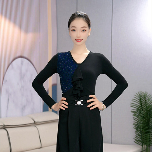 高端柔美V领长袖摩登舞上衣