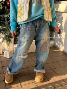 25新品 日系刺绣彩线ELEVEN破洞牛仔裤