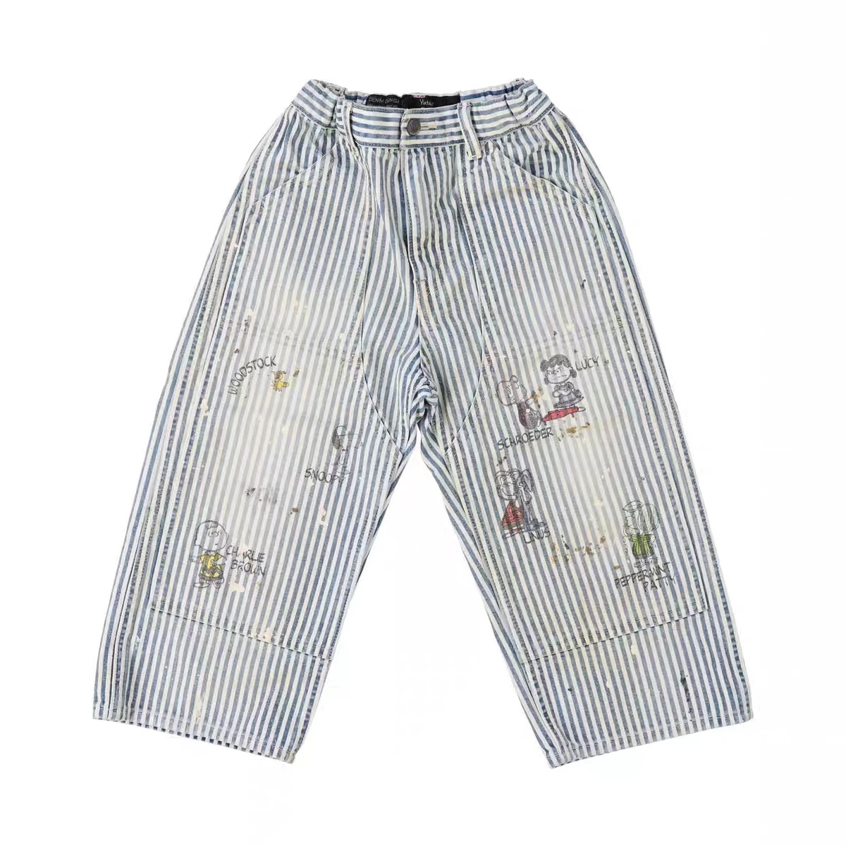 25新品 日系条纹牛仔涂鸦snoopy牛仔裤