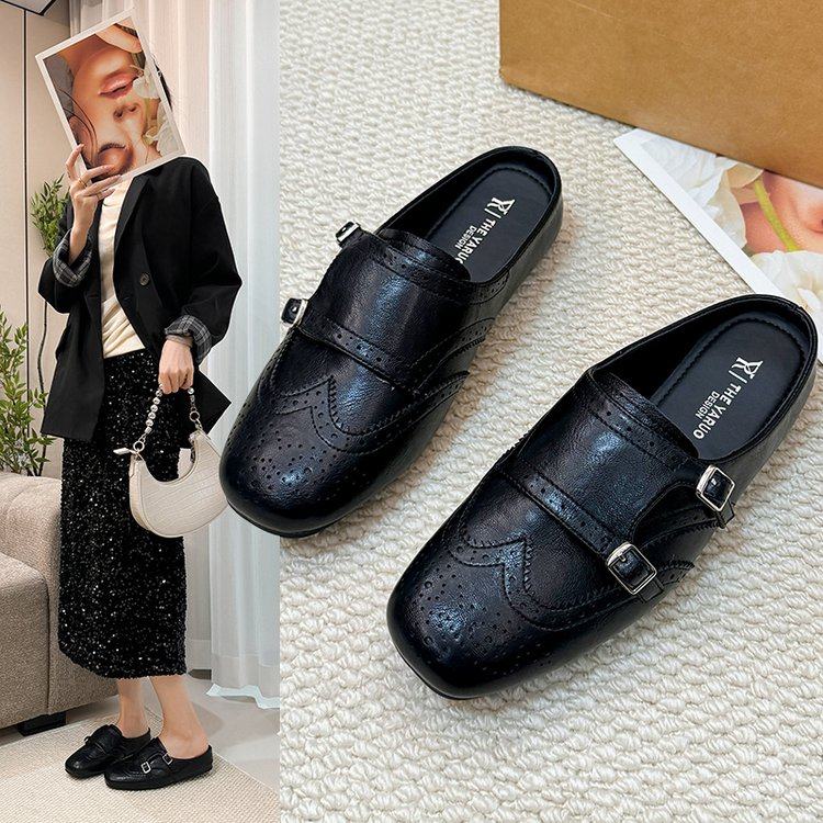 春季新款复古雕花镂空金属扣平底包头半拖女鞋2026时尚百搭,女鞋,包头拖,淘宝优惠券,粉丝福利购,淘宝优惠卷