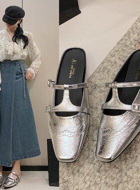 春季新款包头拖复古镂空一字带碎钻拖鞋女鞋2026时尚百搭坡跟