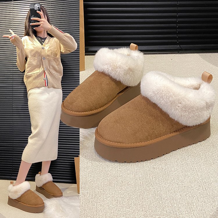 冬季新款加厚加绒松糕底防滑时尚雪地靴2025人造短绒毛休闲女鞋