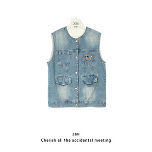 ZH【望夏】圆领简约舒适牛仔马甲女无袖百搭洋气显瘦