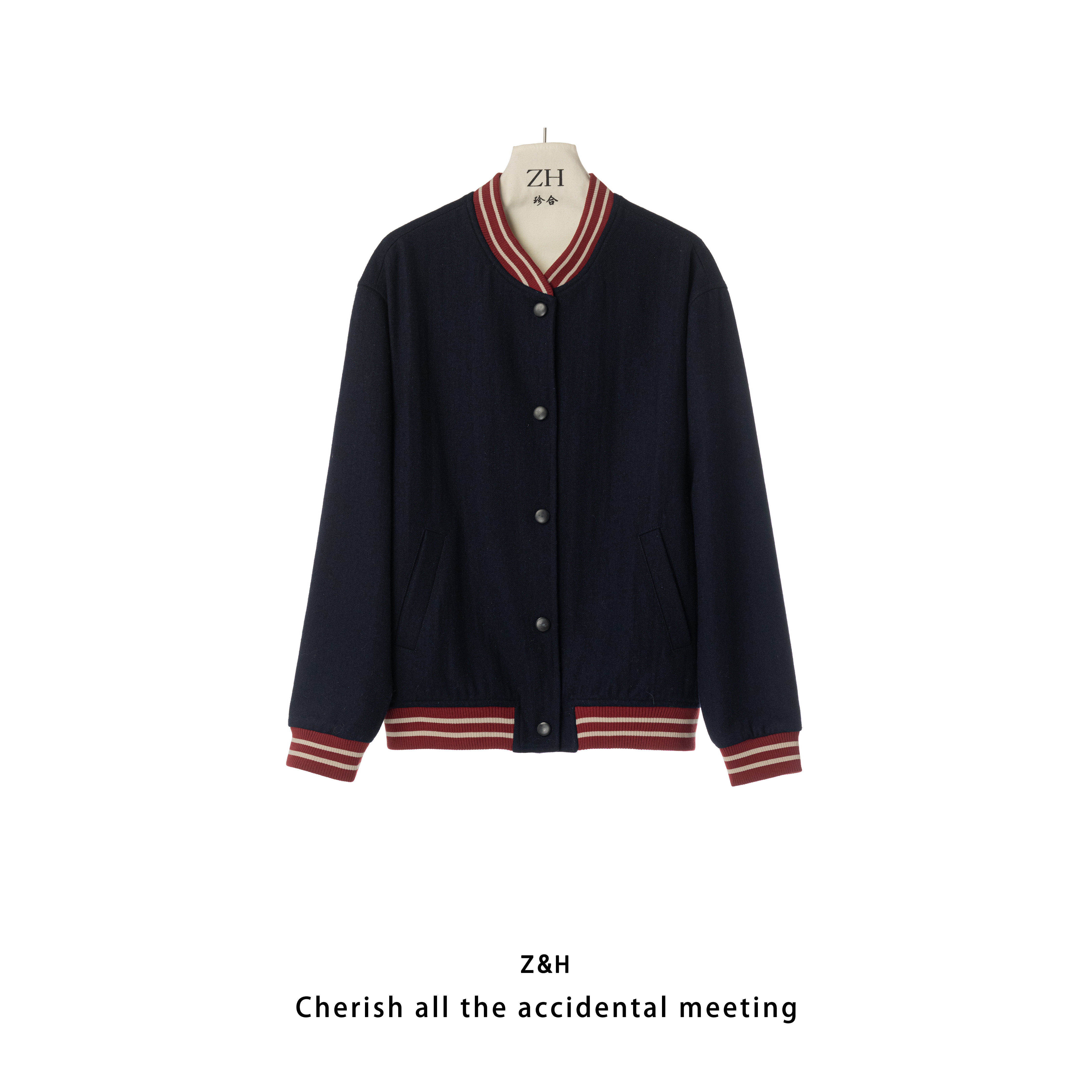 ZH【艺术街区】棒球服外套女撞色条纹领减龄短外套夹克