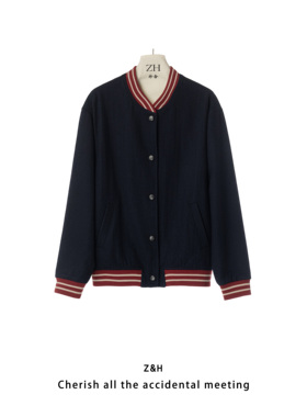 ZH【艺术街区】棒球服外套女撞色条纹领减龄短外套夹克