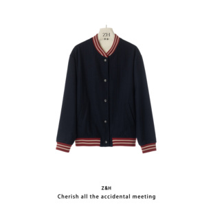 ZH【艺术街区】棒球服外套女撞色条纹领减龄短外套夹克