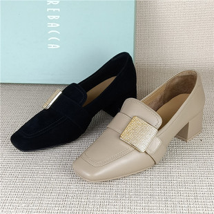 瑞贝卡专柜撤柜断码处理真皮女鞋粗跟百搭浅口乐福鞋舒适羊皮单鞋